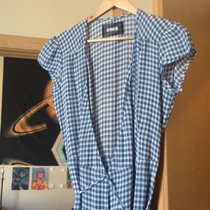 Blue and white checkered Reformation wrap dress